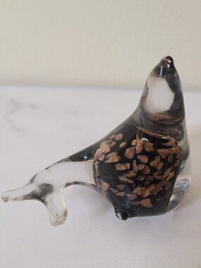 Vintage Murano Style Clear Art Glass Seal Figurine with Copper Inclusions
